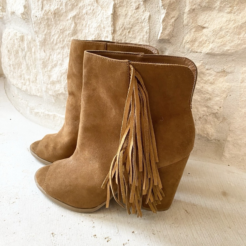 DV By Dolce Vita Womens Ankle Boot Booties Sz 8.5 Brown‎ Suede Tassels Peep Toe
